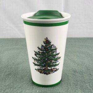 Spode Christmas Tree Ceramic Travel Mug Tumbler Plastic  Lid 12oz Cup